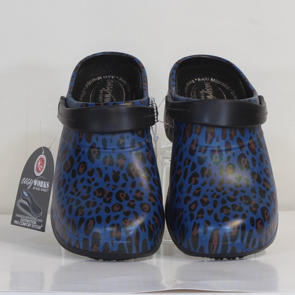 Women's Easyworks by Easy Street Navy & Black Cheetah Animal Print Clogs